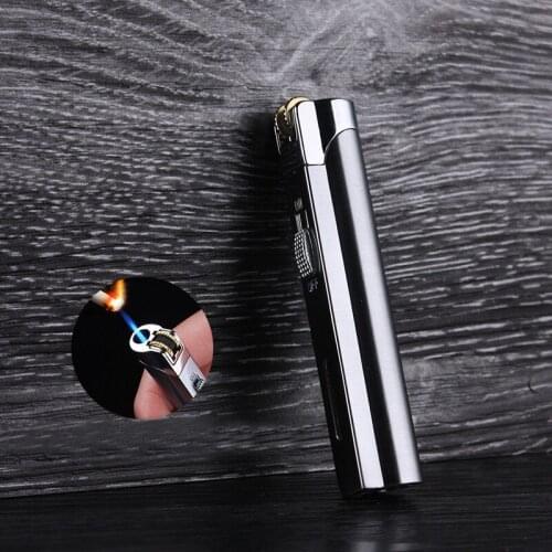 Portable Ultra-thin Long Strip Metal Windproof Lighter Grinding Wheel Small Spray Gun Fixed Fire Blue Flame Butane Gas Lighter