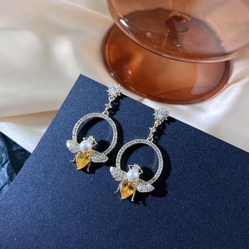 Luxury Crystal Yellow Bee Earring For Woman Party Wedding Rhinestone Round Earrings