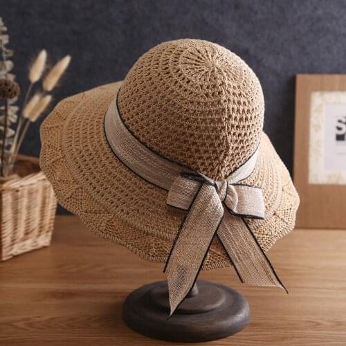 Trend All-match Womens Sun Hat Sweet Cute Bow Top Wide Brim Woven with Grass Hollow Breathable Bowknot Foldable Beach Outdoor