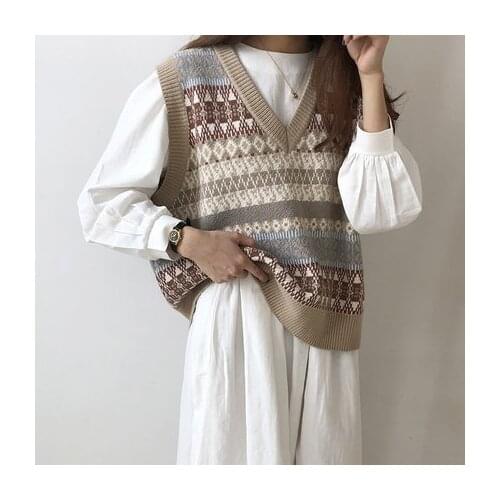 Vintage Womens Sweaters Vest 2020 Autumn Casual V-Neck Wool Sleeveless Knitted Sweaters Female Loose Sweater Pullover oversize