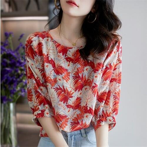 Women Chiffon Shirts Spring Summer Print O-Neck Temperament Blouses Casual Loose Ladies Blusas Fashion Tops MM0960