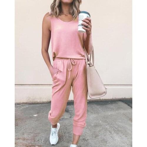 2020 Women Summer Casual Sleeveless Solid Loose Top Long Pants Set Sportwear Solid Round Neck Sleeveless Top & Pants Set