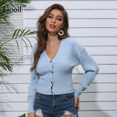 Liooil Sexy Knitted Sweater Cardigan For Women 2020 Fall Long Sleeve V Neck Button Up Solid Womens Bodycon Jumpers And Blouses