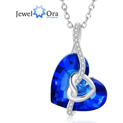 JewelOra New Heart Knot Created Blue Crystal Necklace & Pendant Silver Color Cubic Zirconia Necklaces for Women Party Jewelry