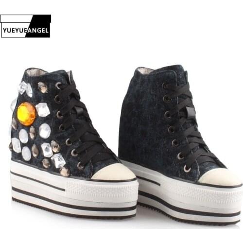 2019 Spring Crystal Shoes Women 12CM Heels Platform Sneakers Beading Casual Denim Canvas Shoes High Top Wedge Zapatos Mujer