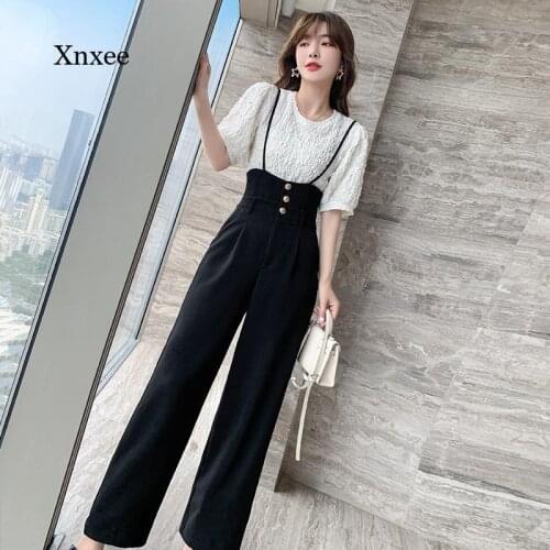 2021 Summer Fashion Two Piece Set New Womens Pleated t Shirt Overalls Suit Loose All Match Commuting Wide Leg Trousers Ooutfits