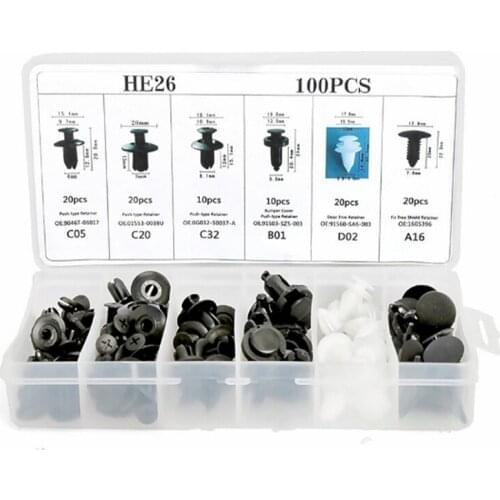 6 Size 100pcs Universal Mixed Auto Fastener Car Bumper Clips Body Push Retainer Pin Rivet Door Trim Panel Retainer Fastener Kit