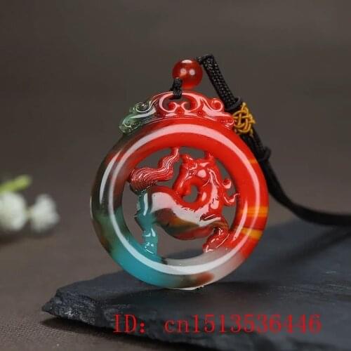 Colour Jade Double Sided Hollow Horse Pendant Necklace Jewelry Carved Amulet Gifts Chinese Charm Fashion Woman Sweater Chain