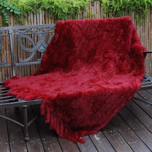 CX-D-20C Custom Size And Color Handmade Genuine Rabbit Fur Knitted Blanket With Fringes Fur Throw