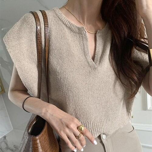 Korea V Neck Knitwear Women Tank Top Summer 2021 New Elegant Vintage Plus Size Camis Basic Vest Clothes Women Blusas 15290