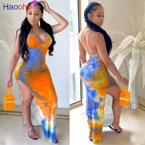 Spaghetti Strap Summer Bandage Sundress Women Sexy Deep V Neck Side High Split Party Dress Vintage Sleeveless Open Back Vestidos