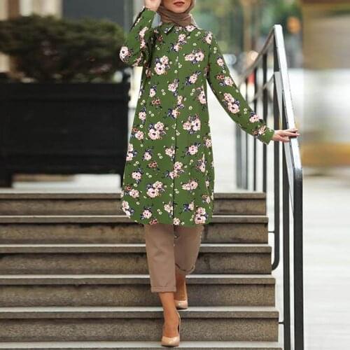Muslim Blouse Abaya Kaftan Tops ZANZEA Women Long Sleeve Blusas 2021 Floral Printed Muslim Fashion Loose Vintage Blouse Tops