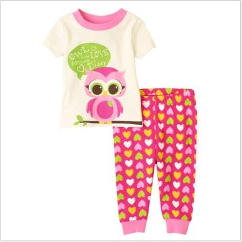 Owl Pink Girls Clothes Sets Short Sleeve Tee Shirts Tops Heart Trousers Childrens Pajamas Summer Baby Girls Dress