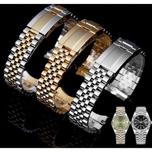 Solid steel arc watchband for R-olex Oyster type constant motion stainless steel strap mens and womens watch chain 20mm belt