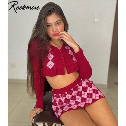 Rockmore Autumn Sweaters 2 Piece Set For Women Argyle Plaid Skirts And Tops Y2K Aesthetic Tracksuits Streetwear Casual Outfits