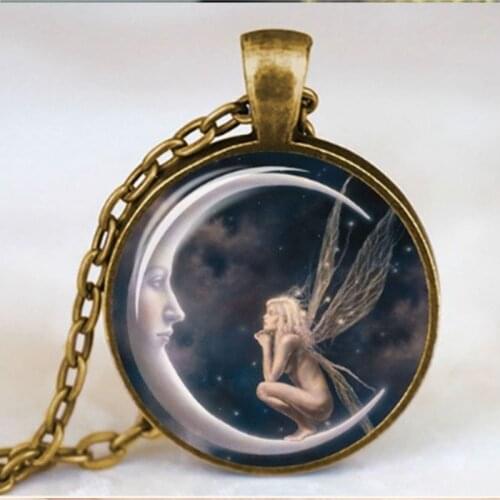 S2065 Fashion Jewelry Vintage Time Gem Cabochon Moon Angel Pendant Necklace Sweater Necklaces