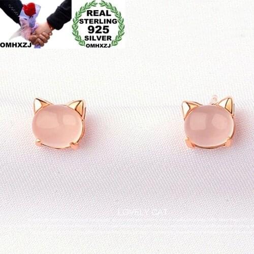 OMHXZJ Wholesale European Fashion Woman Girl Party Wedding Gift Cat Oval Rose Quartz 925 Sterling Silver Stud Earrings EA11