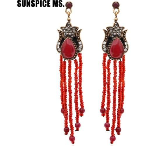 Fashion Bohemia Long Seed Bead Tassels Dangle Earring Handmade Resin Flower Jewelry Turkish Antique Women Bridal Wedding Bijoux