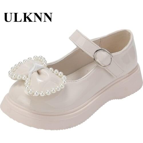 Childrens Bow Beading Leather Shoes Girls Soft Mary Janes Hook&Loop Kids Japanned Leather Students School Falts Infant