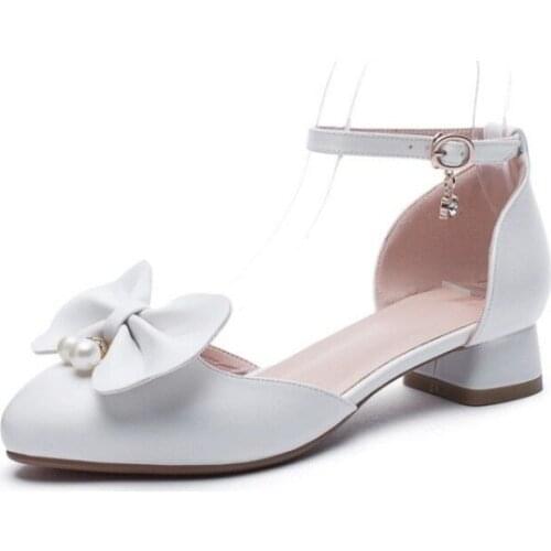 Girls High Heels 2021 Spring Students Children Princess Shoes Soft Sole Artificial Beads Bow Shoes Big Child Performance Shoes