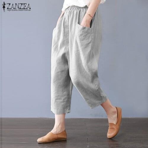 Vintage Solid Trousers Womens Summer Harem Pants 2021 ZANZEA Casual Elastic Waist Long Pantalon Female Linen Palazzo Turnip 5XL