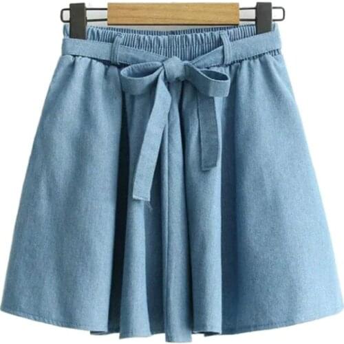 Merry Pretty New Fashion WomenDenim Skirt Elastic High Waisted Jeans Mini Sweet Skirts Girls Denim Blue Pleated Skirts with Bow