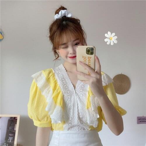 Korean Fashion Clothing White Shirt Women Blouse Summer 2020 Womens Tops and Blouses Short Puff Sleeve Lace Patchwork Blusas