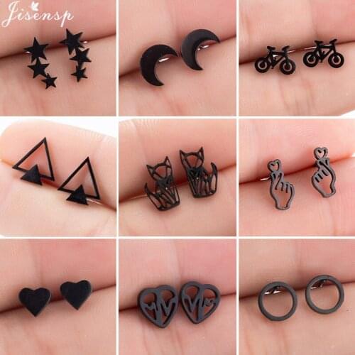 Black Stainless Steel Fox Earrings Women pendientes mujer Geometric Heart Round Star Moon Stud Earrings Hip hop Ear Jewelry