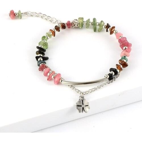Irregular Colorful Chip Gravel Tourmaline Bracelets Bangles For Women Girls Lucky Clover Charm Bracelet Natural Stone Jewelry
