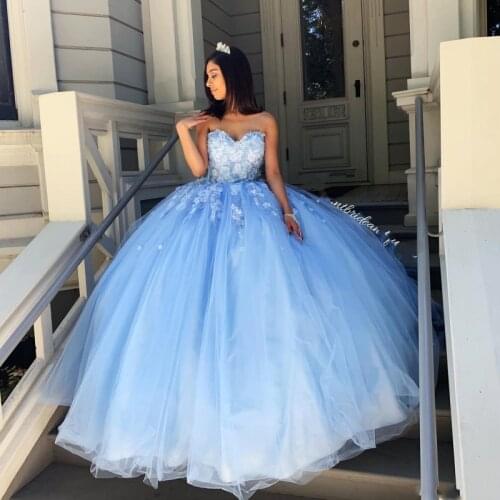 Vestido de 15 anos Sky Blue Quinceanera resses Sweetheart Beaded Hand Made Flowers Tulle Sweet 16 Evening Dress