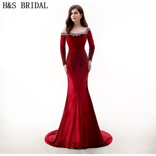 H&S BRIDAL Long sleeve prom dresses Crystal Beaded dresses evening wear Red Sheer Neck Velour arabic evening gowns dresses