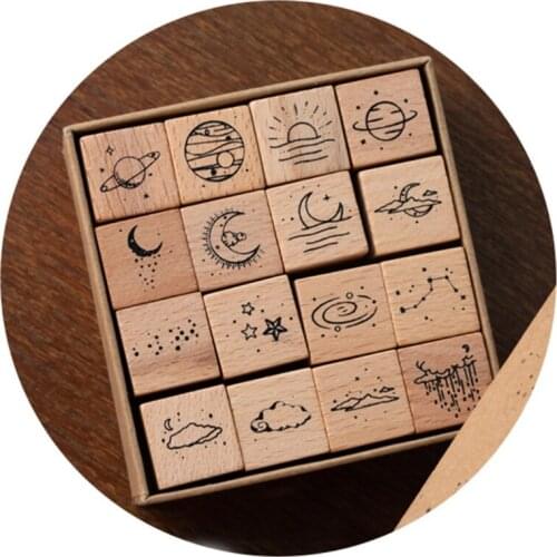16 Packs Vintage Wooden Rubber Planet & Cloud Decoration Stamps for Photo Album, Calendar, DIY Craft, Scrapbooking