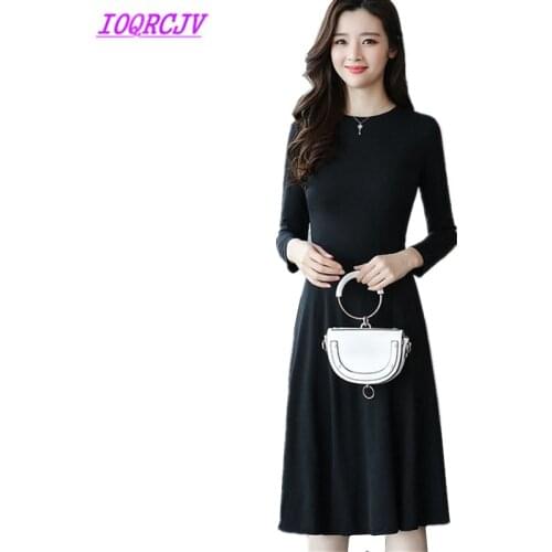 2018 Spring Women Long sleeves Dress Fashion Solid color Slim Dress Plus size Female Big swing Dress Medium length IOQRCJV Q090