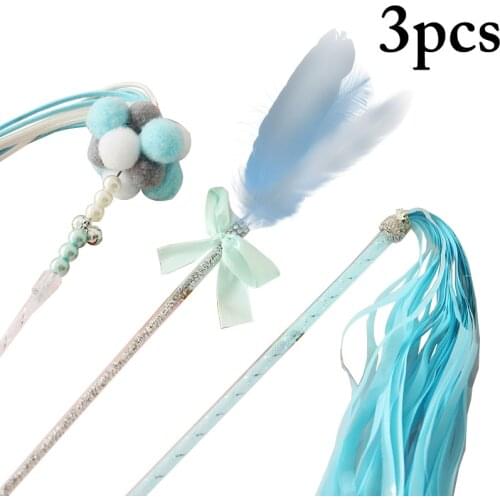 3pcs/Set Faux Feather Cat Teaser Wand Pom Fairy Bell Pet Interactive Toy Plastic Kitten Tassel Stick Premium Pet Supplies