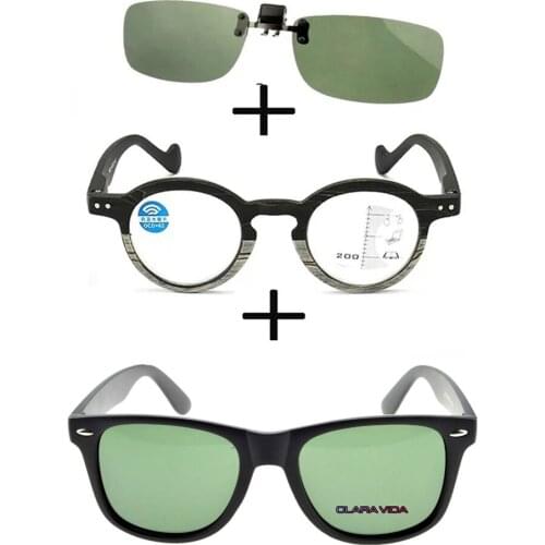 3Pcs!!! Progressive Multifocal Near and Far Reading Glasses for Men Women +squared Polarized Sunglasses Pillot + Sunglasses Clip