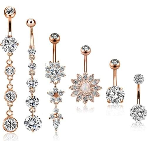 6pcs/set Stainless Steel Dangle Navel Ring Boho Womens Body Piercing Jewelry Belly Button Ring Newest