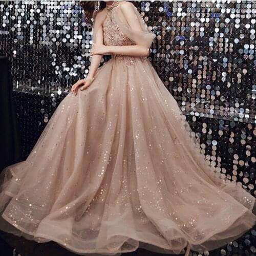 Grace Champagne Prom Dresses Halter Shiny Appliques Sequin Beading Tulle A-line Formal Wedding Banquet Guests Evening Gowns New