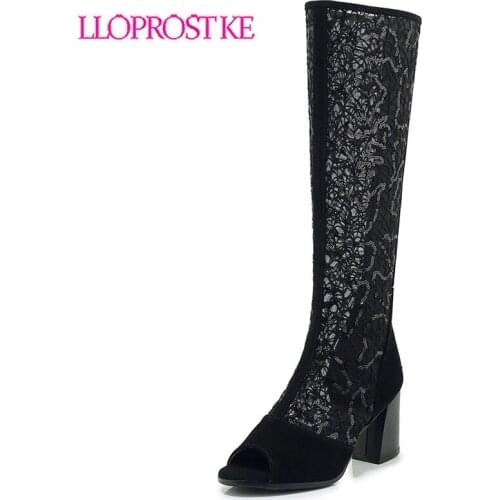 Lloprost ke Fashion Womens Boots peep toe booties Square Heel Boots Zipper Sexy Lace Mesh Summer Cool Boots Women Shoes H344