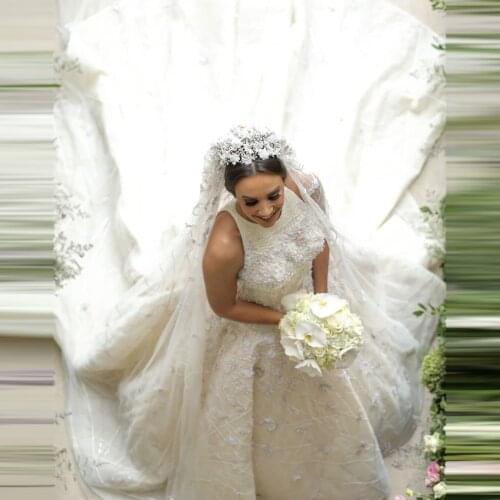 Elegant Lace Ball Gown Wedding Dresses Sleeveless O Neck Ruffles Organza Long Train Bridal Wedding Gowns In Dubai Plus Size