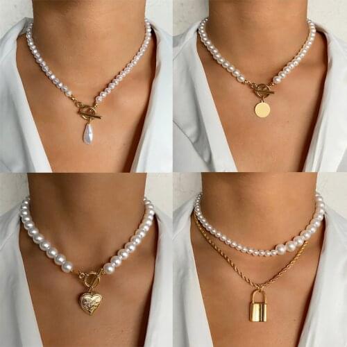 ZOVOLI Fashion Elegant Kpop Imitation Pearl Choker Necklace Big Round Pearl 2021Geometric Aangel Pendant for Women Jewelry Gift