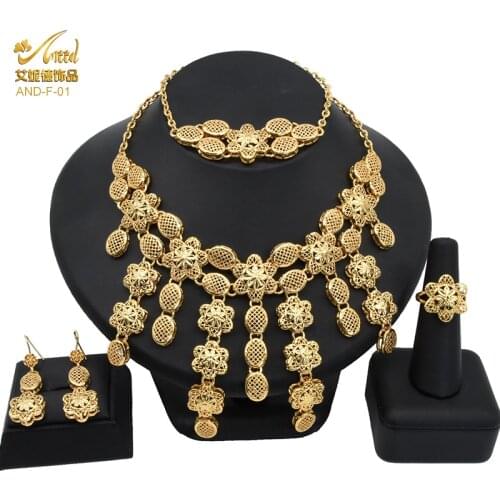 ANIID Necklace Sets Jewelry Women Ethiopian Alloy Fashion Earring Bracelet Wedding Pary Nigeria Luxury Ring 24k Gold Color Dubai