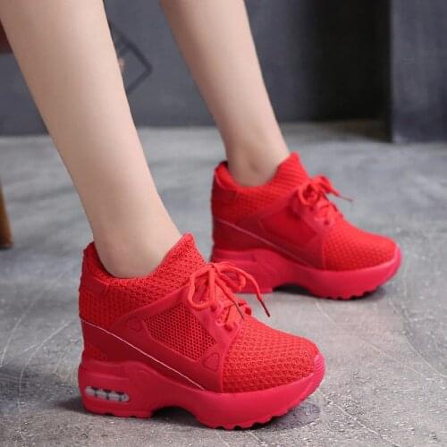 Height Increasing Shoes Red Mesh Leisure Women Shoes Summer Lace-up Breathable Womens sneakers Wedge Air Cushion casual shoes