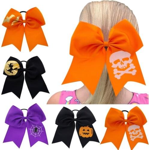 Halloween 7'' Cheer Bows for Girls Handmade Funny Skull Print Ribbon Hair Rubber Band Hair Rope Cheerleading Party Kids Headwear