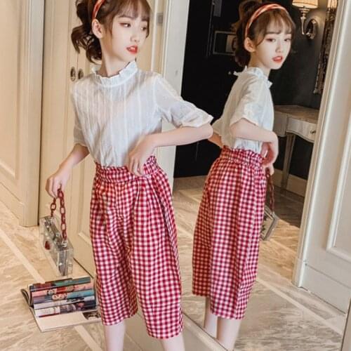 Summer Girls' Suit Simple Style New Korean Fungus Collar Short Sleeve +Casual Lattice Plaid Pants Big ChildrenS Clothing Sets