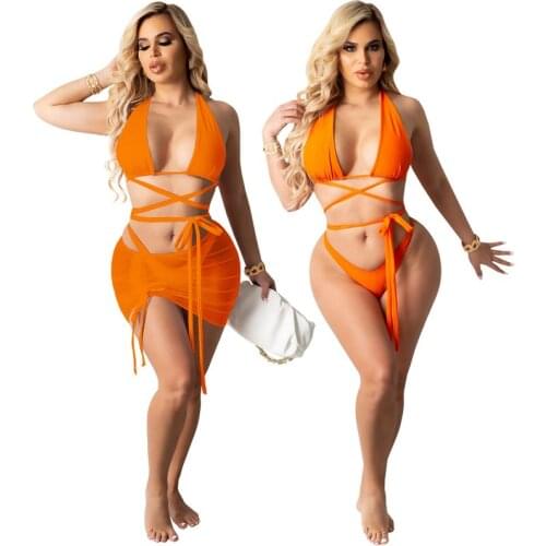 Summer Clothing Swimsuit Women Sexy Solid Hollow Drawstring 3 Piece Bikini Set Female Swimwear Beach Cover Up Wholesale Items
