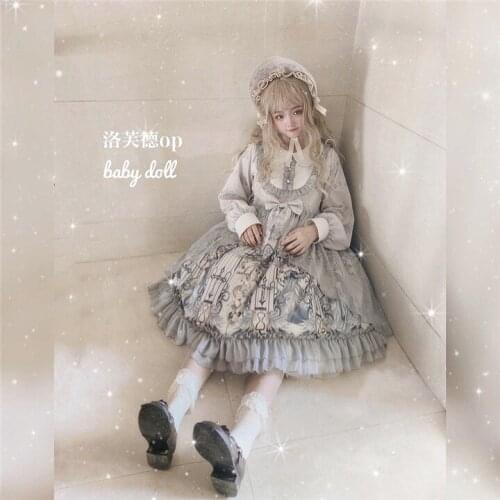 Loved Sweet Womens Lolita OP Dress Dress Lantern Sleeve Cover Yarn Bows Trim Cute One Piece Elegant Dress Gray