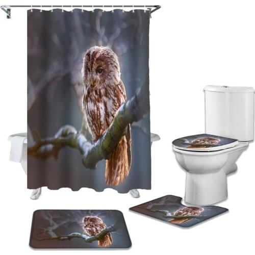 Oil Painting Owl Forest Shower Curtains Set Bath Mat Set Toilet Cover Bathroom Accessories Bathroom Rug Set