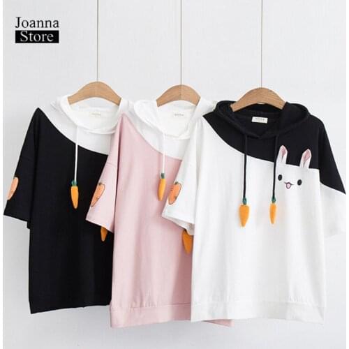 Kawaii rabbit hoodies carrot print sweatshirt harajuku plus size streetwear japanese summer fall women clothes patchwork hooded