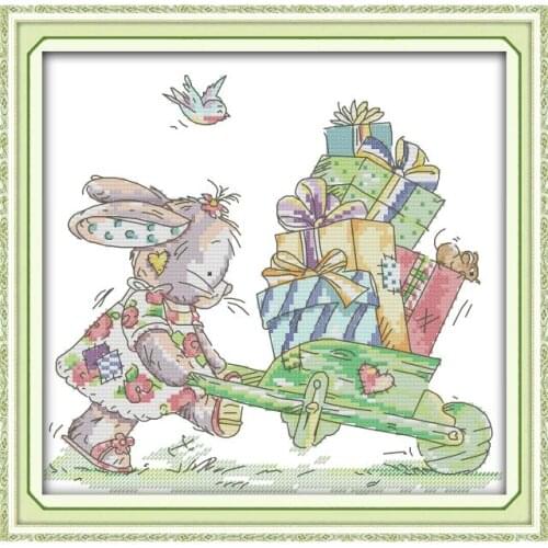 Bunny and gifts cross stitch kit aida 14ct 11ct count print canvas cross stitches needlework embroidery DIY handmade
