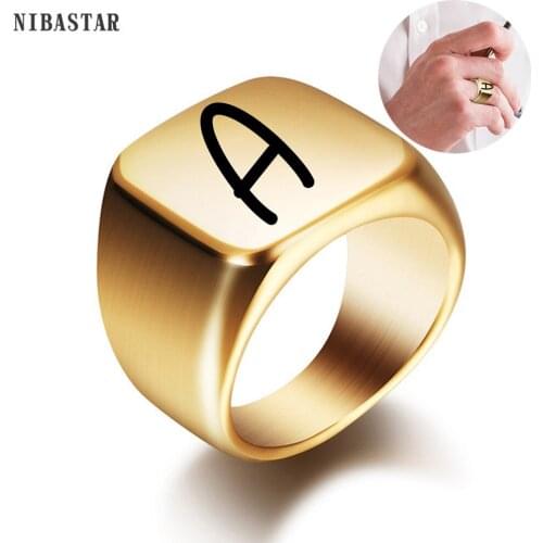 NIBASTAR Men Engrave Letter Seal Ring Stainless Steel Fashion Simple Custom A-Z Ring For Male Charm Jewelry Accessory